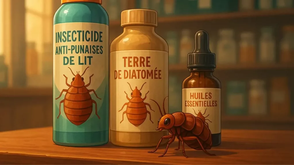 Différents type de produits contre les punaises de lits : présentation en photo comparative de sprays, poudre de terre de diatomée et housse anti-punaises pour matelas.