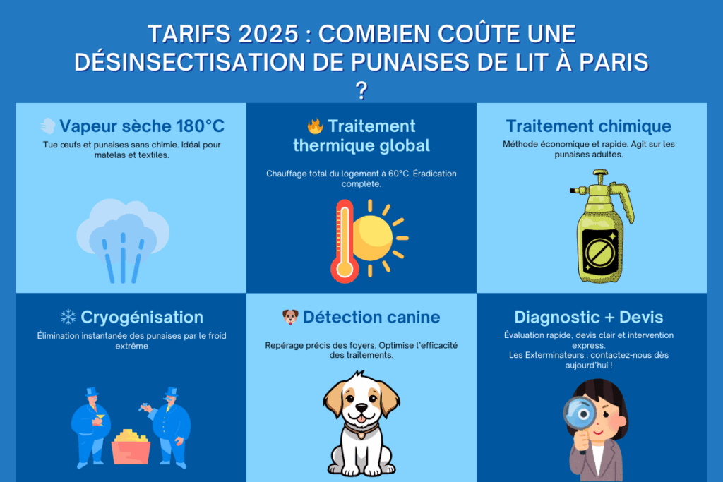 Combien coûte une intervention professionnelle contre les punaises de lit ? Illustration : technicien intervenant avec vaporisateur et devis visible sur une table.